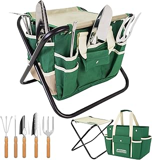 (7in1) GardenHome Gartenwerkzeug Hocker – Klapphocker inklusive 5-teiligem Edelstahl Werkzeug S…