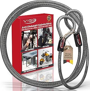 VIGO SPORTS® Panzer Stahlseil mit Ösen [2m] I 10mm starkes Kabelschloss zum Schutz deines Fahrr…