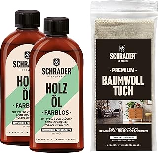 SCHRADER Holzöl Set – farbloses Pflegeöl für Holzmöbel und Holzoberflächen mit Poliertuch – …
