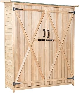 KOMFOTTEU Gartenschrank Holz 140x50x162cm, Geräteschuppen Outdoor mit 2 Regalböden & 1 Schrank,…