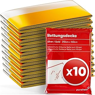 PURAHELP® Rettungsdecke Gold & Silber [10 STÜCK] – 210 x 160 cm – Notfalldecken für Erste Hilf…