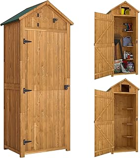 Outsunny Gartenschrank Holz, Geräteschuppen wetterfest 77×54,2x179cm, Gerätehaus mit Tür, Satt…