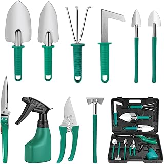 10St Garten Werkzeuge Set, Gartengeräte Set mit Kelle, Umpflanzmaschine, Harke, Gartenschere, Sc…