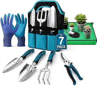 Gartenwerkzeug-Set 7 Stück, Ergonomische Gartenwerkzeuge mit Anti-Rutsch-Griff, Rostfrei, aus Al…