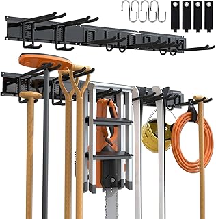 3-H Garage Aufbewahrung, 120 cm einstellbarer Gartengerätehalter, Schwarz | Mit 10 Wandhaken & 4…