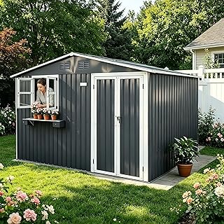 Außengeräteschuppen 7,19 m² aus verzinktem Stahl, Gartenhaus mit 2 öffenbaren Fenstern, absch…